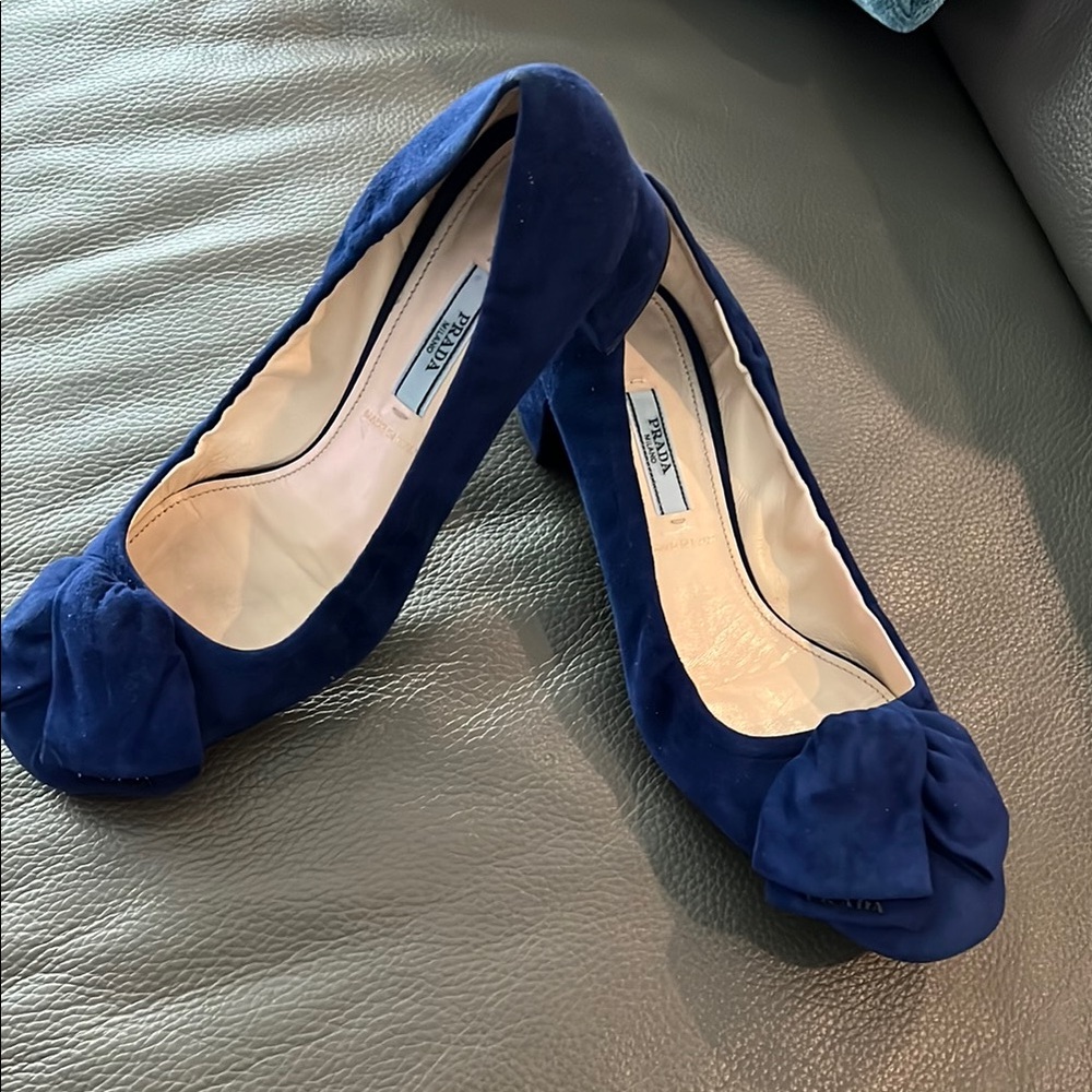 Prada Blue Flats with Bow Detail